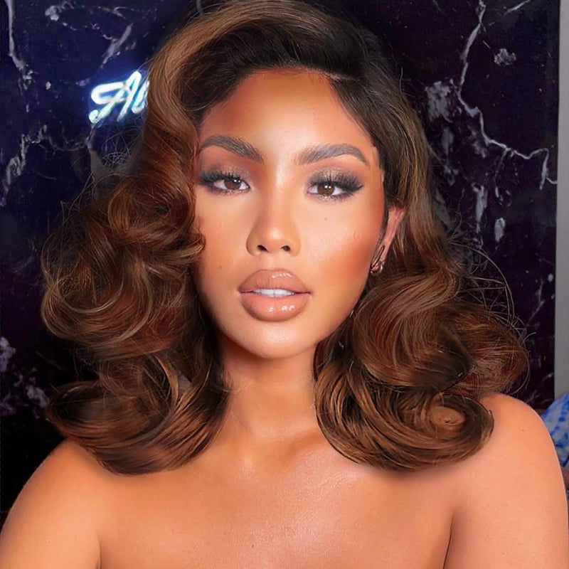 WIGER Short Wavy Wigs for Women Ombre Brown Loose Wave Bob Hair Wig 14 Inch Side Part Shoulder Length Glueless Lace Part Hair Synthetic Curly Wig for Daily or Party 1B30